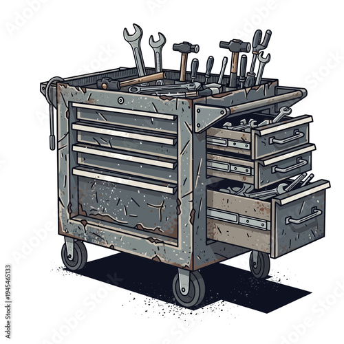 Rusty toolbox with wrenches, hammers, and tools, isolated on white