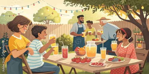 A family enjoys a festive outdoor picnic in a backyard with food and drinks