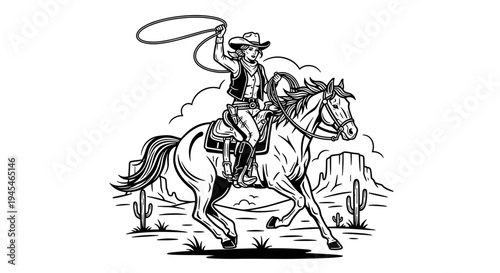 Cowboy riding a horse with a lasso in the desert.