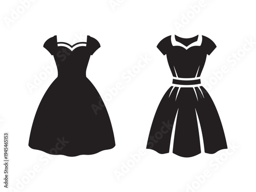 Two elegant black dress silhouettes with white accents on white background  formal evening wear for women in simple vector style