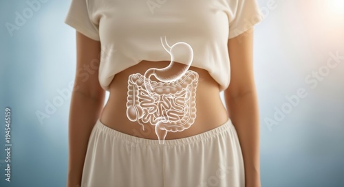 Healthy woman reveals detailed digestive system illustration on her abdomen, highlighting internal anatomy against a soft blue gradient background