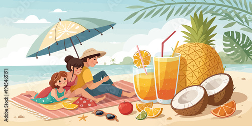 A family enjoys a relaxing beach vacation with refreshing drinks and tropical fruits