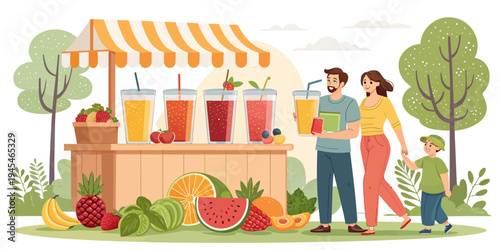 A colorful illustration of a family enjoying fresh juice at a vibrant outdoor stand