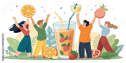 A colorful illustration of four people celebrating with fruit and a large glass of juice