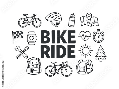 Healthy outdoor cycling adventure where riders explore scenic routes, build endurance and enjoy active movement in natural landscapes. BIKE RIDE central title surrounded by outline icons of
