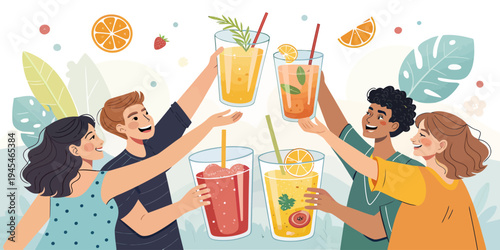 A group of friends cheer with colorful drinks in a lively celebration scene