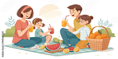 A happy family enjoying a picnic in a park with food and drinks