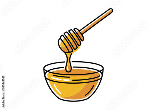 A colorful illustration of a honey dipper in a glass bowl filled with golden honey