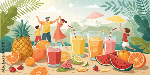 A colorful illustration of a family enjoying fresh fruit and juice in a tropical setting