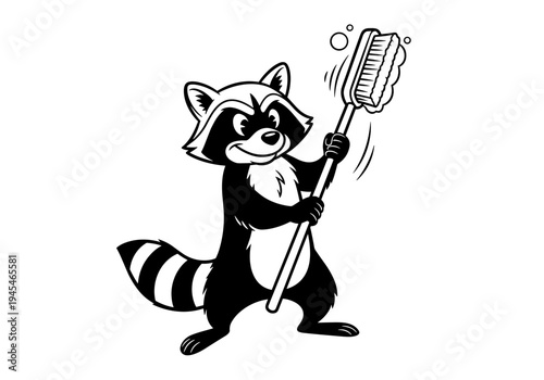 Cartoon Raccoon Holding a Toothbrush Ready to Clean.