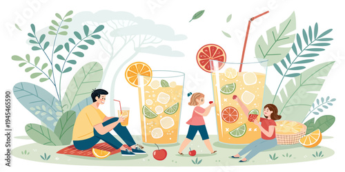 A colorful illustration of people enjoying refreshing drinks in a park