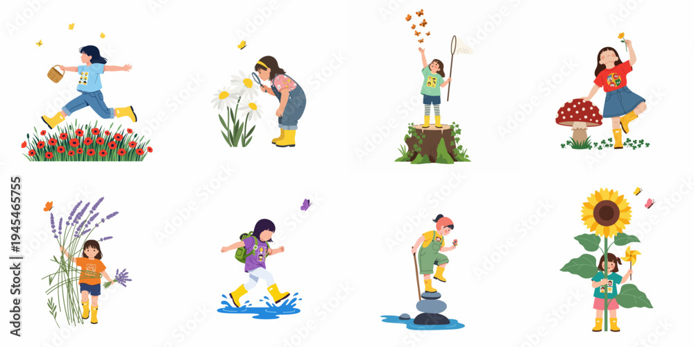 Fototapeta premium Collection of illustrations featuring young girls enjoying various outdoor activities in nature, including flower picking, butterfly catching, and exploring the countryside.