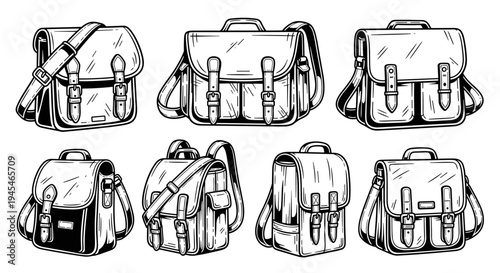 Collection of Vintage Satchel Bags and Backpacks Hand Drawn Sketch.
