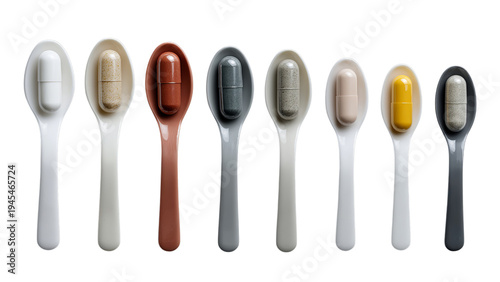 A vibrant arrangement of dietary supplement capsules on modern spoons, showcasing various colors and textures on a transparent background.