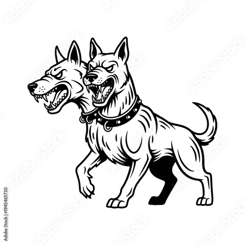 Fierce Two Headed Dog Illustration.