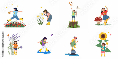 Collection of illustrations featuring young girls enjoying various outdoor activities in nature, including flower picking, butterfly catching, and exploring the countryside.