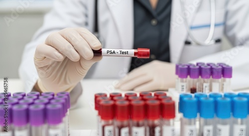 Physician carefully holds PSA test blood sample tube, displaying 