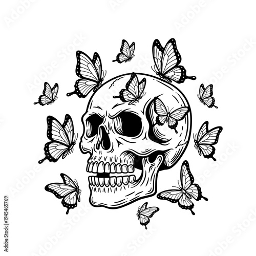 Detailed Skull Surrounded by Delicate Butterflies Illustration.