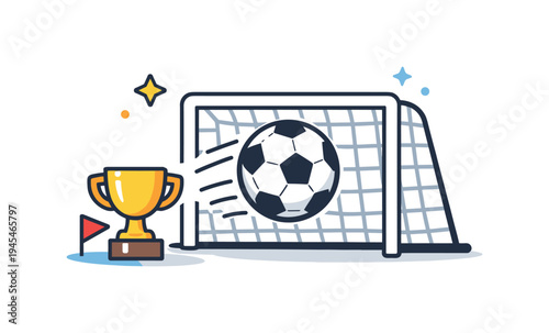 Football competition and goal achievement in sports performance, a soccer ball flying toward a clean netted goal with a small trophy placed nearby expressing ambition, victory mindset, and