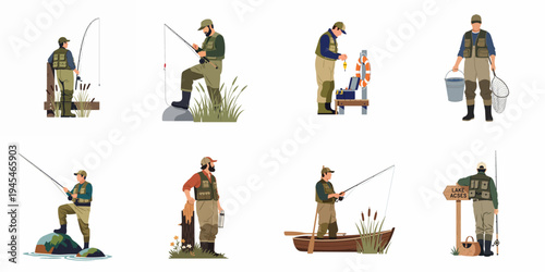 Collection of Eight Vector Illustrations Featuring Men in Fishing Gear and Various Poses for Outdoor Recreation and Hobby Themes.
