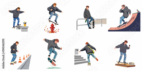 Collection of illustrations showing a young man performing various skateboarding tricks and poses in urban city environments.