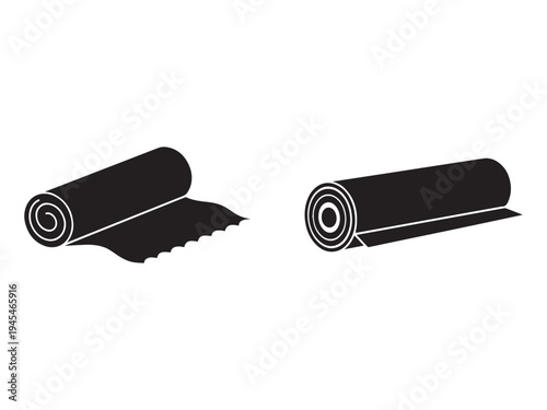 Two rolled up yoga mats with one unrolled mat on white background fitness equipment for exercise and meditation  rolled up and unrolled