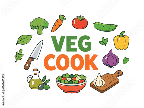Healthy fresh vegetable cooking concept focused on colorful produce, simple preparation, and balanced nutrition through wholesome homemade meals. VEG COOK central title surrounded by flat