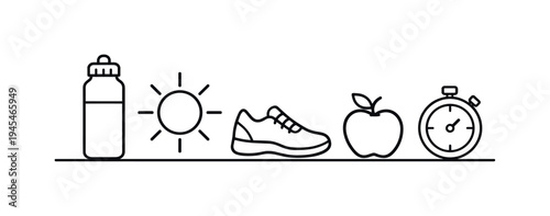 Summer healthy routine and active outdoor lifestyle encouraging hydration, movement, and mindful wellbeing during longer sunny days and warm seasonal rhythms, water bottle, sun, running shoe