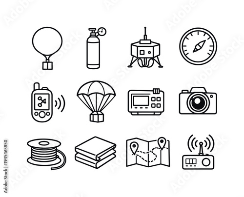 High-altitude balloon research: weather balloon, helium tank, payload gondola, altimeter sensor, GPS tracker, parachute recovery, data logger, camera module, tether line spool, insulation