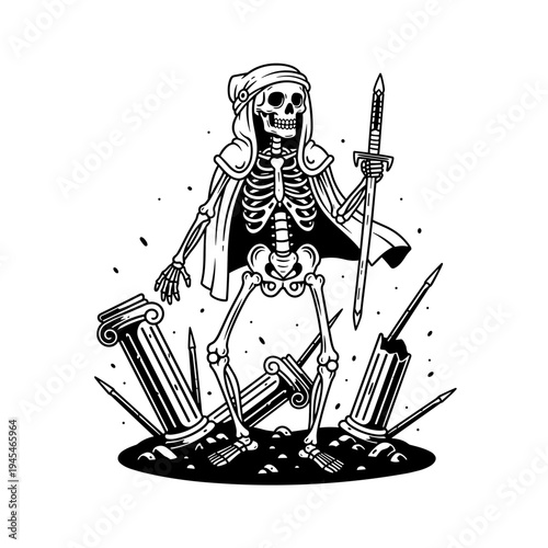 Skeleton Warrior in Ancient Ruins Holding Sword.