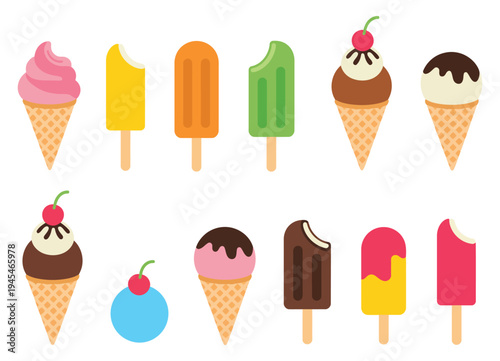 vector set of various ice cream icons, including cone, popsicle, sundae, waffle cup, and soft serve desserts, perfect for summer menus, food blogs, cafe branding, stickers, and digital illustration pr