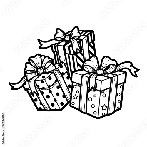 Three Hand Drawn Gift Boxes with Ribbons and Bows.