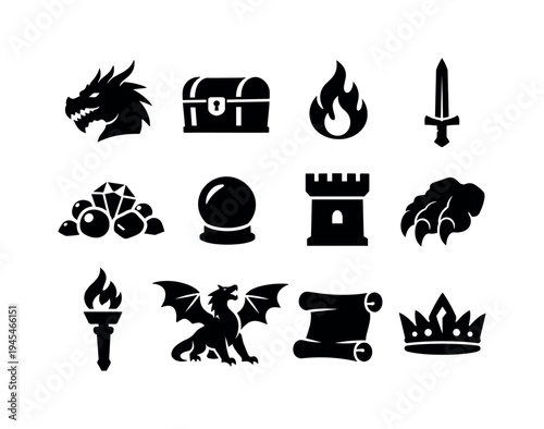 Fantasy dragon encounter: dragon head, treasure chest, fire flame, enchanted sword, gemstone pile, magical orb, castle tower, clawed paw, torch, winged dragon, ancient scroll, mystical crown