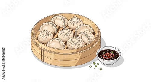 Vector illustration of steamed dumplings in bamboo steamer with dipping sauce