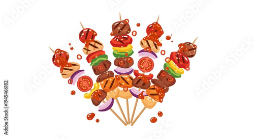 Set of colorful skewers with meat and vegetables vector