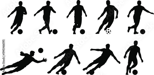 Set of soccer football players silhouettes in various action poses including dribbling kicking and goalkeeper diving vector illustration isolated on white background athletic competitionSet of soccer 