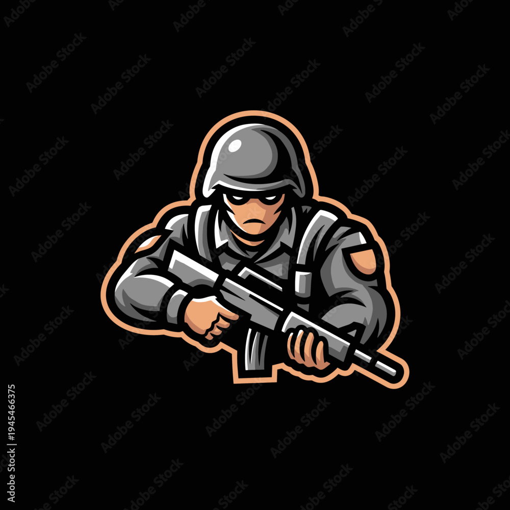Naklejka premium Modern Soldier Holding Assault Rifle Ready for Combat.