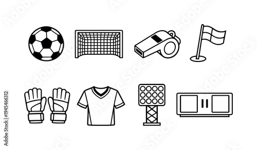 Football game equipment: soccer ball, football goal net, referee whistle, corner flag, goalkeeper gloves, football jersey, stadium floodlight, scoreboard panel