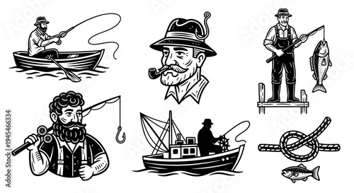 Vintage Fishing Illustrations Set Featuring Fishermen and Boats.
