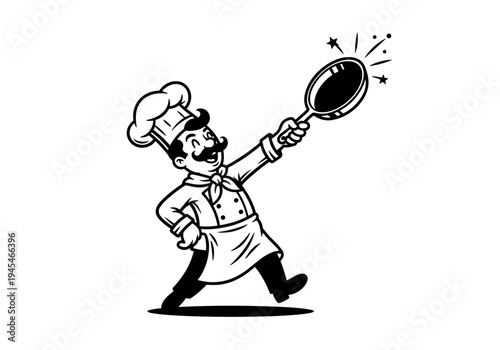 Cartoon Chef Character Holding a Shiny Frying Pan.