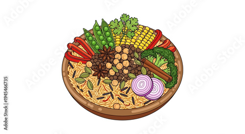 Vector illustration of a plate of food with various vegetables and meat