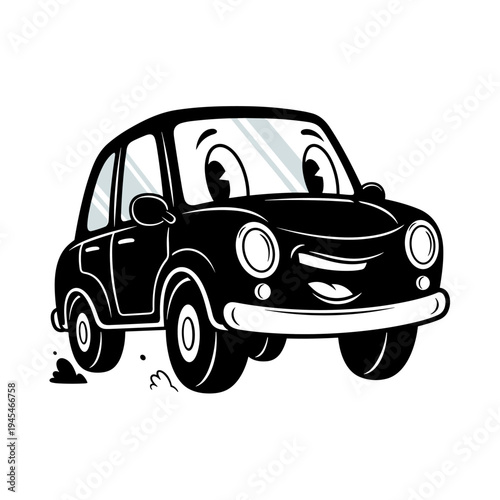 Cute cartoon black car with happy face driving.