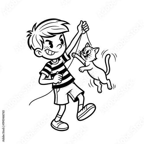 Mischievous boy playing with a cat on a string.