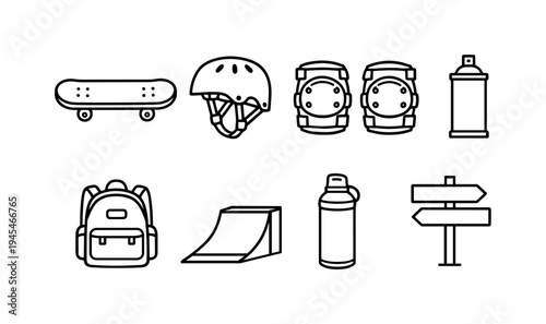 Urban skate culture: skateboard deck, helmet, knee pads, spray paint can, backpack, skate ramp, water bottle, street sign
