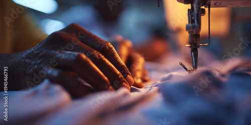 Closeup of Black womans hands skillfully operating a sewing machine, creating fabric art in a dimly lit workshop Concept of craftsmanship, textile design, and artisanal creation
