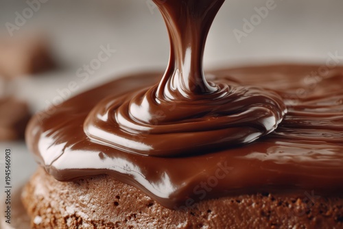 Close-up of decadent chocolate cake being drizzled with luscious chocolate sauce, creating a visually appealing dessert with rich, glossy texture and tempting aroma.