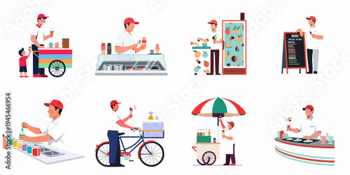 Collection of flat vector illustrations depicting ice cream vendors and sellers in various street food scenarios such as carts, shops, and delivery bikes.