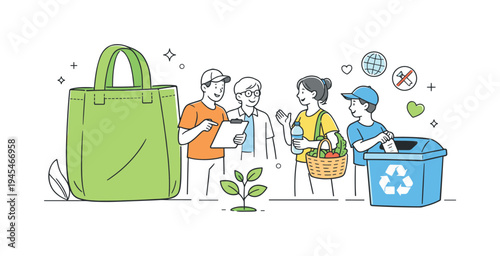 Urban residents organizing a local initiative to reduce single-use plastic and encourage responsible everyday consumption in their neighborhood, visual metaphor of a large reusable shopping