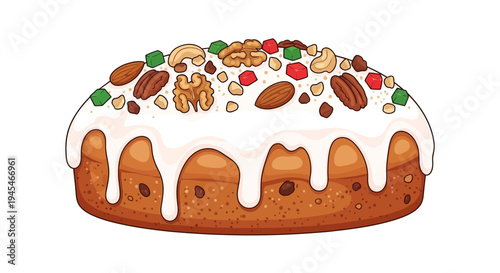 Vector illustration of a single frosted fruitcake with nuts and candies