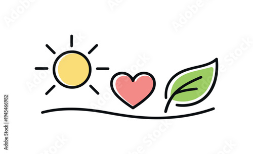 Healthy lifestyle routine and everyday wellness habits supporting balanced physical and emotional wellbeing, a simple sun beside a small heart and a leaf symbolizing vitality, mindfulness